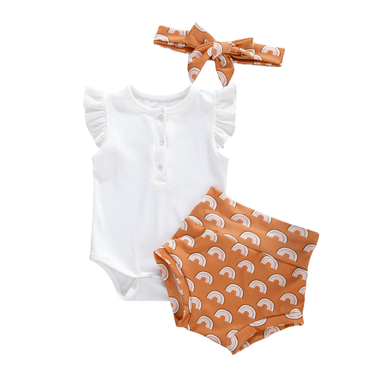 Infant And Toddler Suits Baby Girl Dark Button White Top  Printed Shorts Suit Thre-piece Set
