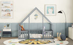 Wood House-Shaped Floor Bed With Fence, Guardrails