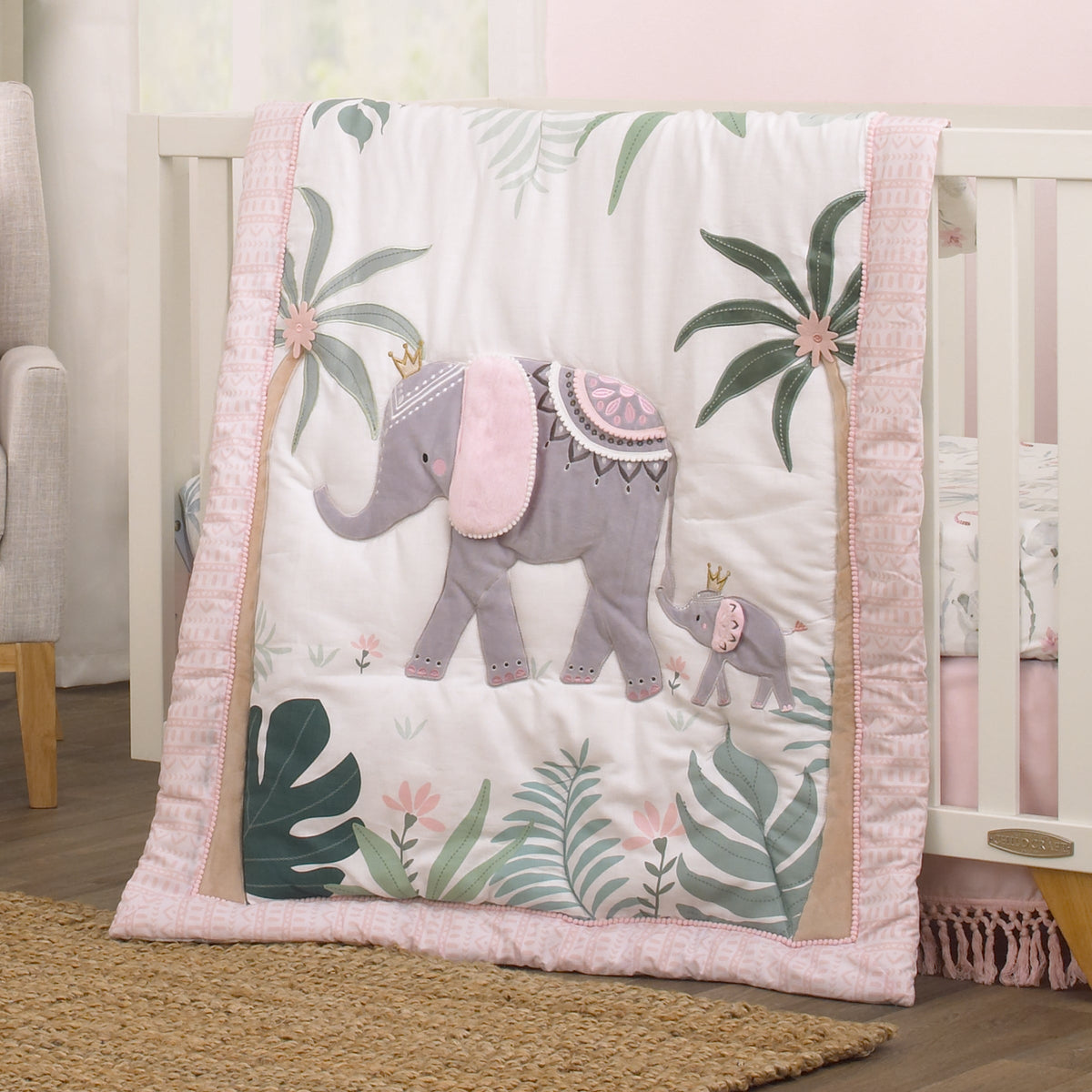 NoJo Tropical Princess Elephant /Jungle Pink and Green 4 Piece Crib Bedding Set - Comforter, Fitted Crib Sheet, Dust Ruffle and Storage
