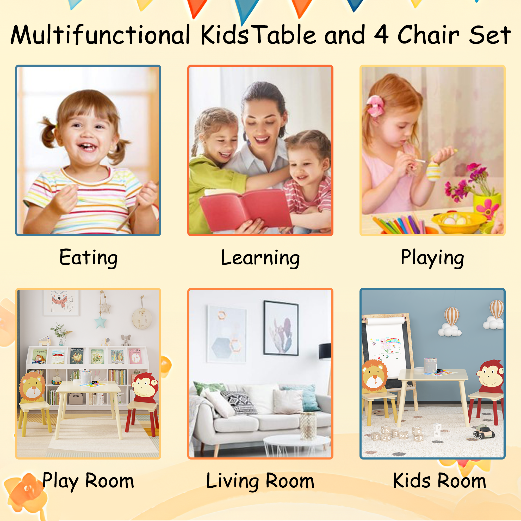 Kids Table and 2 Chairs Set 3 Pieces Toddler Table and Chair Set Wooden Activity Play Table Set (Lion&Monkey)
