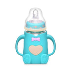 Infant Cartoon Baby Cute Feeding Glass Bottle Safe Silicone Milk Bottle With Handle Newborn Drink Training Colorful Feeding Bottles