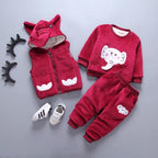 Baby Clothes Winter Thick And Warm Three-piece Cartoon Bear And Fox Printed Sweater Hooded Baby Girl Clothing Set Sweater and Pants