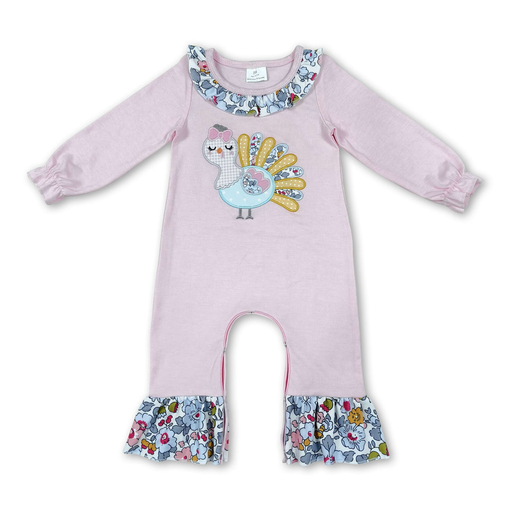 Turkey embroidery floral ruffle baby girls Thanksgiving romper