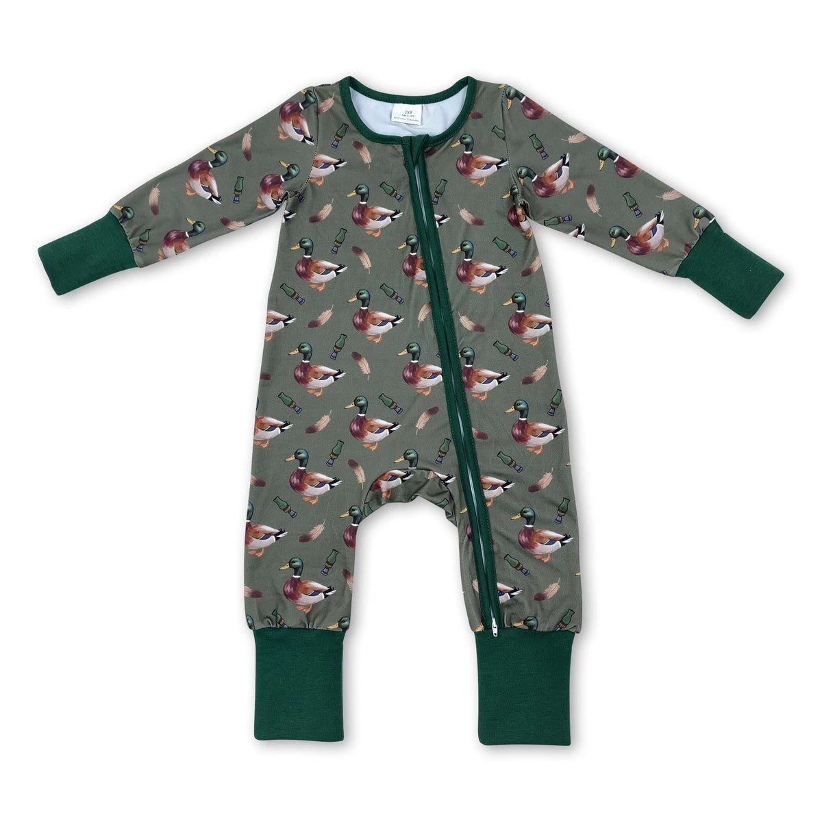 Green long sleeves duck call baby boys zipper romper