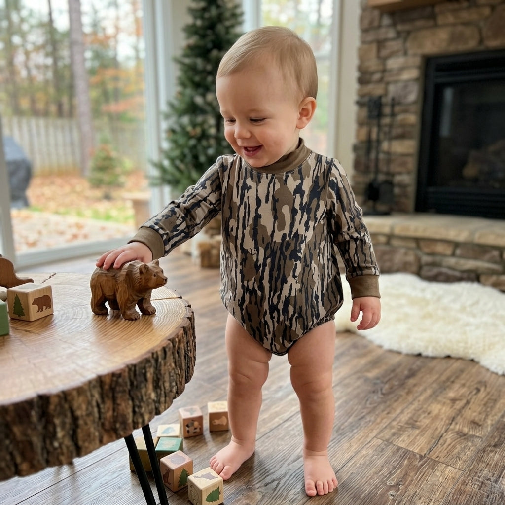 Long sleeves olive camo mock neck baby kids fall romper