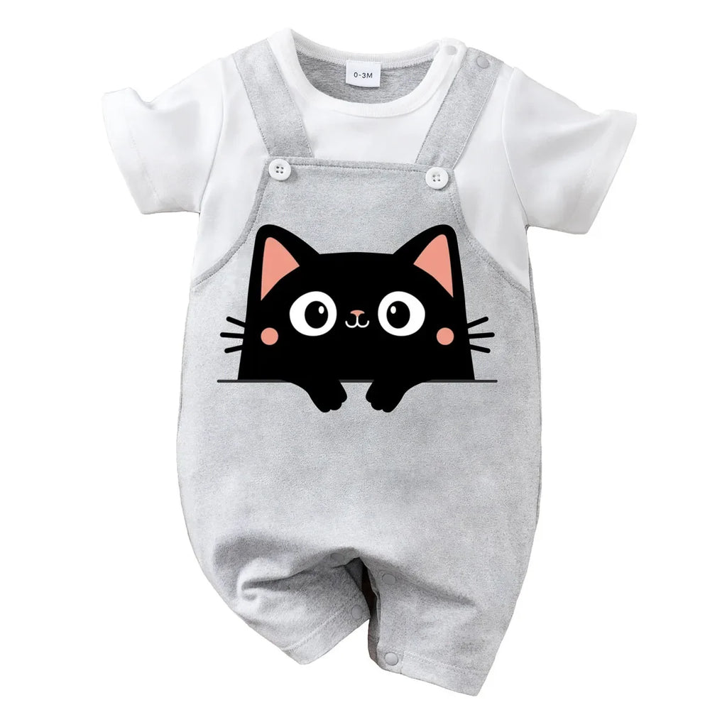 IURNXB Summer Infant Cartoon Black Cat Printed Unisex Romper with Suspenders (0-18M)