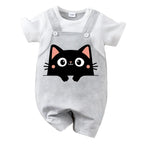 IURNXB Summer Infant Cartoon Black Cat Printed Unisex Romper with Suspenders (0-18M)