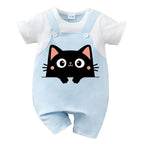 IURNXB Summer Infant Cartoon Black Cat Printed Unisex Romper with Suspenders (0-18M)