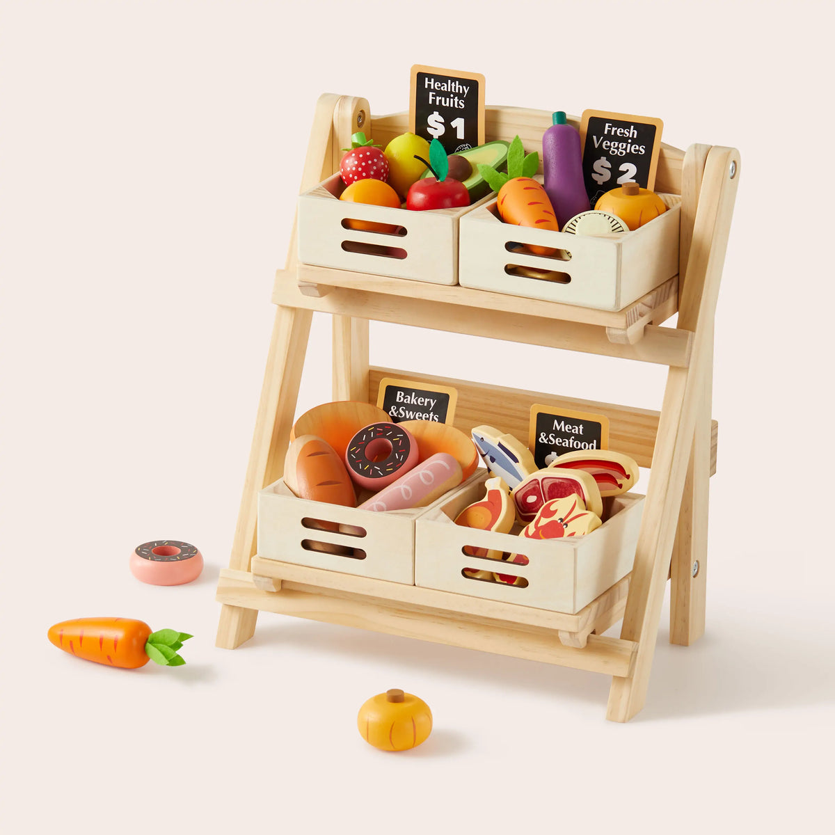 Tiny Land® Play Kitchen Accessories – Food Storage: Versatile Wooden Rack for Play Food