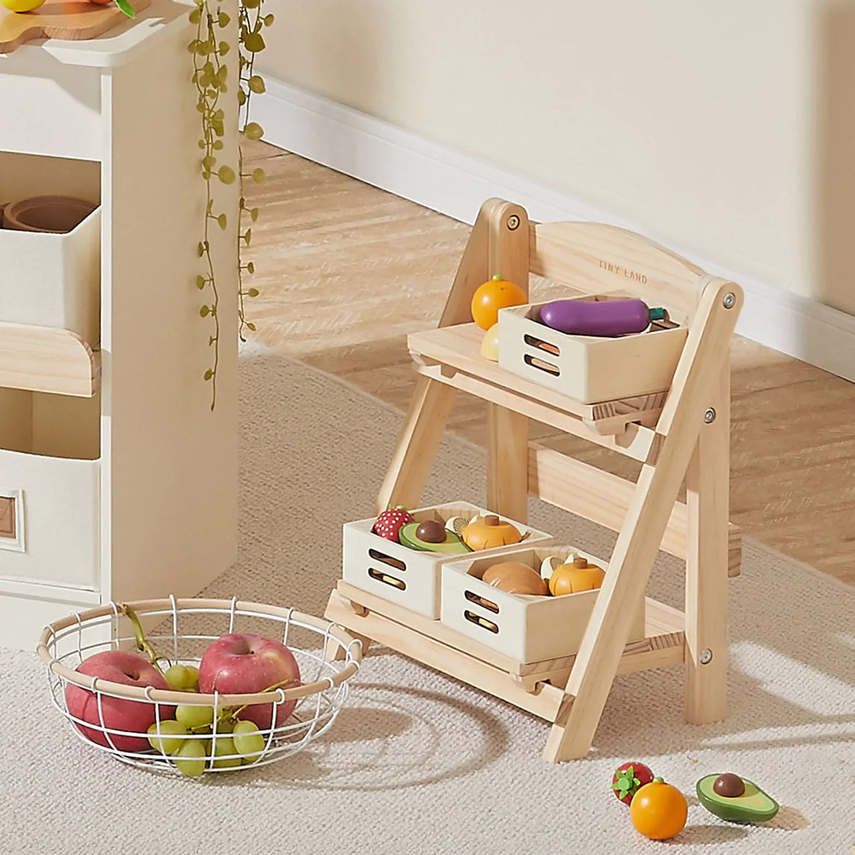 Tiny Land® Play Kitchen Accessories – Food Storage: Versatile Wooden Rack for Play Food