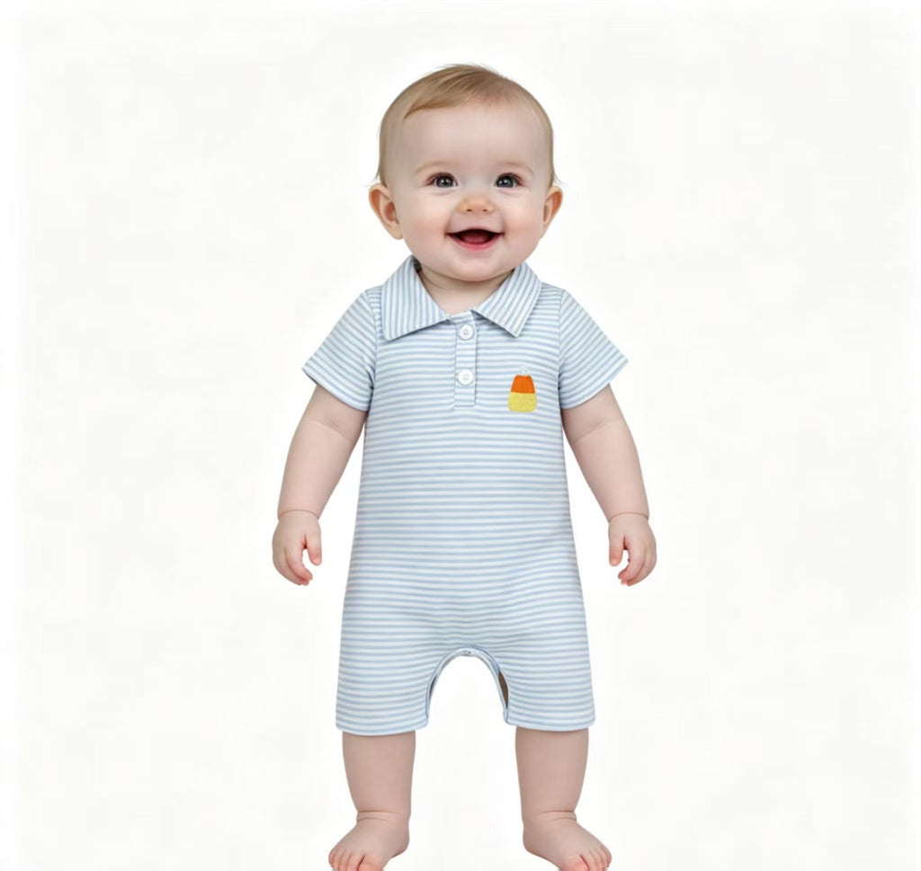 Stripe pumpkin tractor embroidery boy fall romper