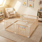 Wooden Baby Playpen Adjustable Large Play Yard for Infants-Natural