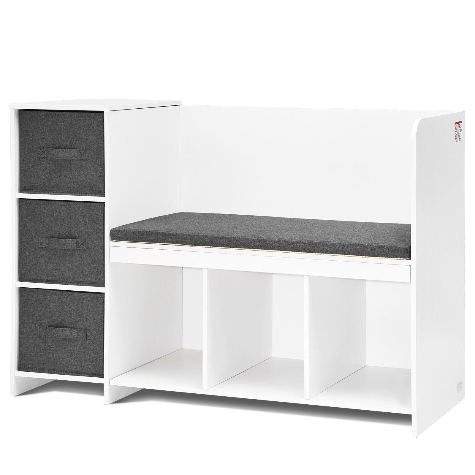 Kids Reading Nook Bench, Toddler Bookshelf and Bookcase with Detachable Seat Cushion, 6-Cubby Storage Organizer Bench with 3 Drawers, Ideal for Playroom, Bedroom, Living Room or Entryway, White