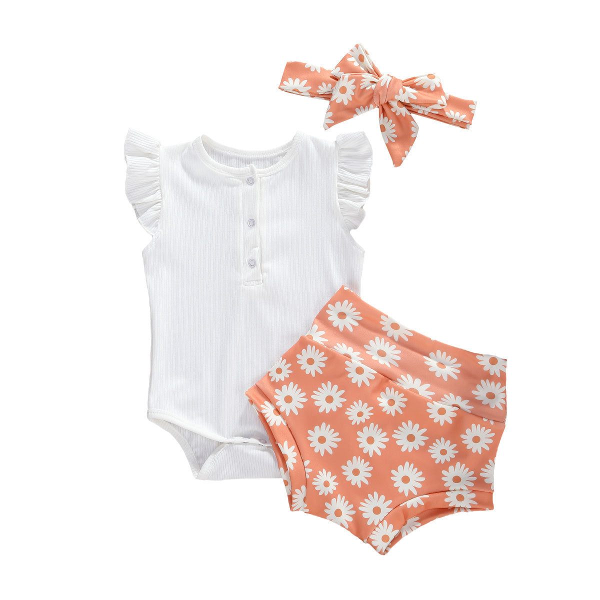 Infant And Toddler Suits Baby Girl Dark Button White Top  Printed Shorts Suit Thre-piece Set