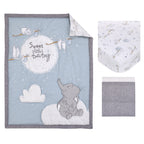 Dumbo Sweet Little Baby Light Blue, Gray, and White Storks, Stars, Clouds and Moon 3 Piece Nursery Crib Bedding Set - Comforter, 100% Cotton Fitted Crib Sheet and Crib Skirt
