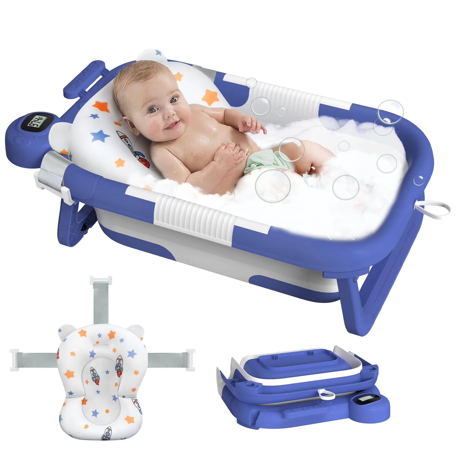 Reeple Collapsible Baby Bathtub | Baby Bath Tub for Newborn to Toddler | With Floating Cushion for Bath Support | Portable Baby Tub for Infants with Temp Monitor | 0-36 Months Baby | Bath Essentials | Blue - # BAGE11110016