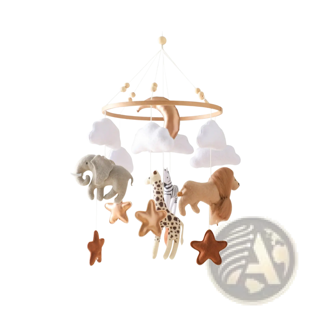 Safari Animal Wooden Crib Mobile with Felt Clouds