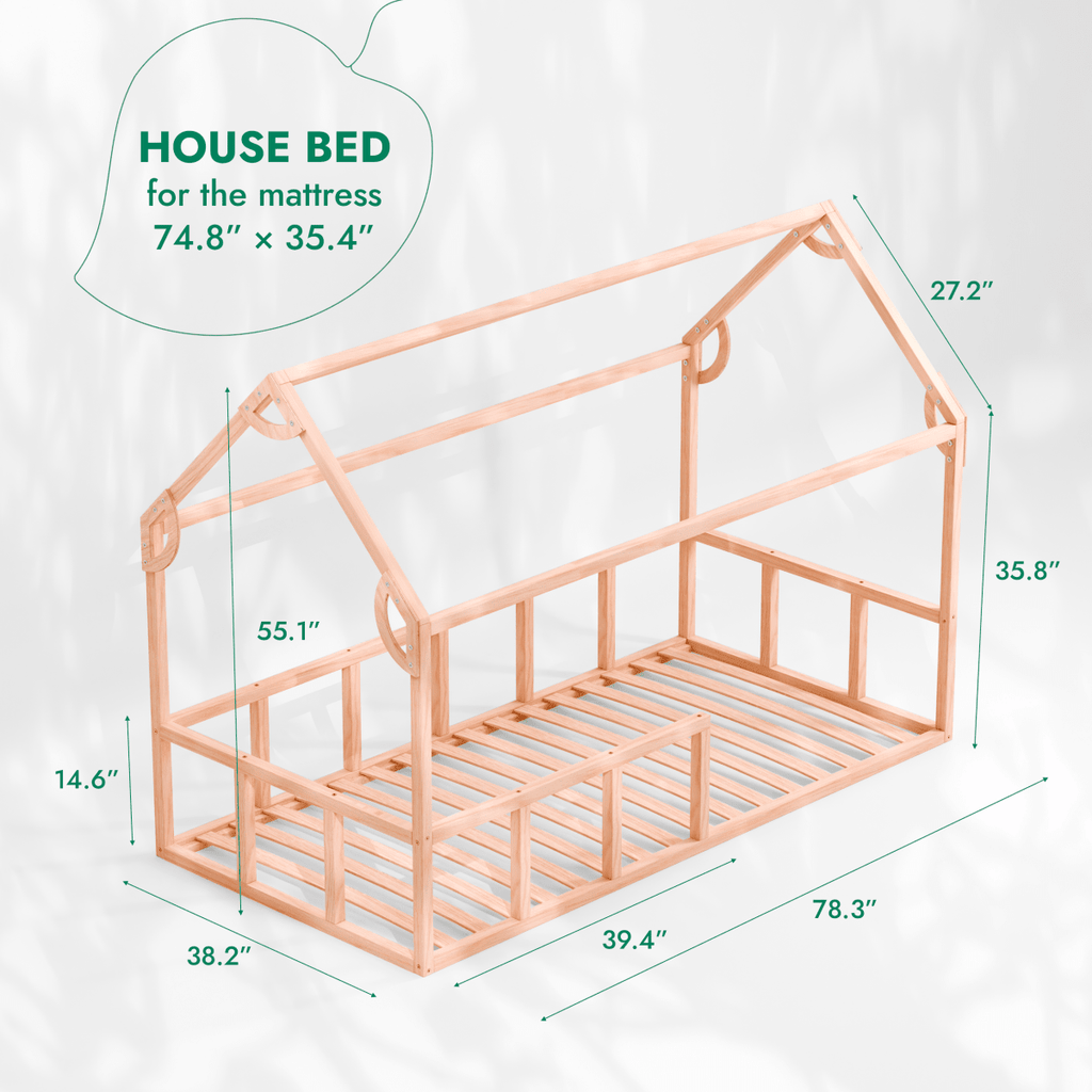 Twin Size Montessori House Bed for Kids with Fence