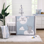 Dumbo Sweet Little Baby Light Blue, Gray, and White Storks, Stars, Clouds and Moon 3 Piece Nursery Crib Bedding Set - Comforter, 100% Cotton Fitted Crib Sheet and Crib Skirt