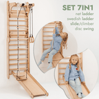 Wooden Swedish Wall / Climbing ladder for Children + Swing Set + Slide Board + Art Add-on